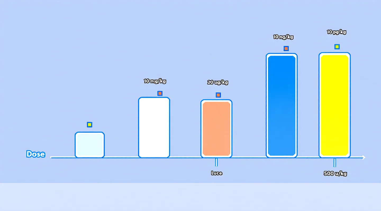 Educational-Swiss bar diagram of six common BPC-157 research dose ranges with green markers on the three most-studied doses